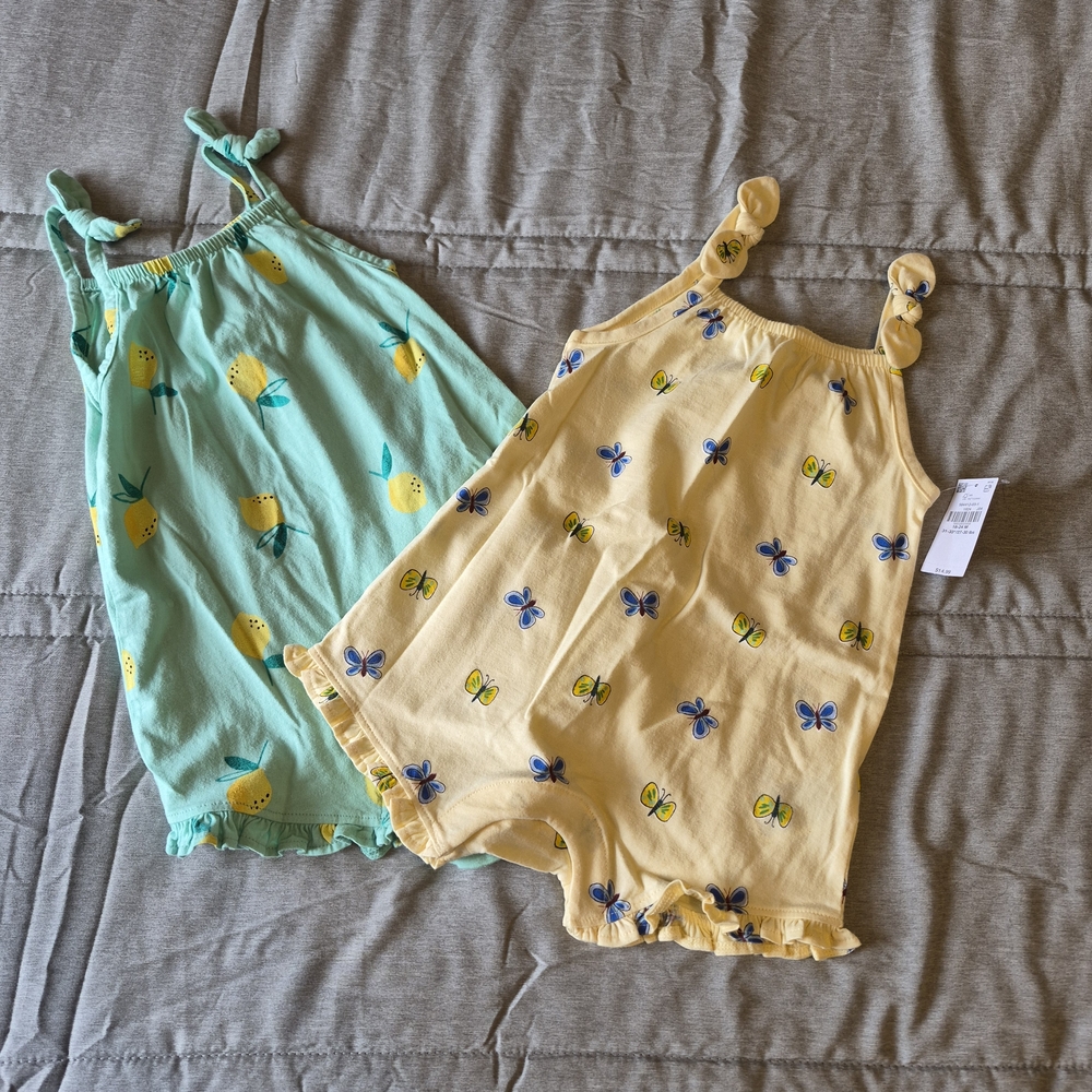 Baby Girl Lemon & Butterfly Rompers - Yellow & Mint Set- Old Navy 18-24M